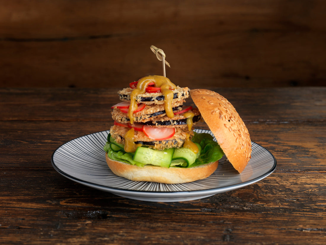 AUBERGINE KATSU BURGER WITH PICKLED RADISH AND CUCUMBER