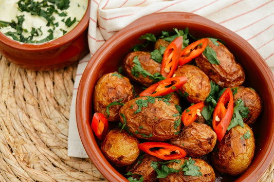 Crispy Curried New Potatoes with Minted Curry-Yogurt Dip