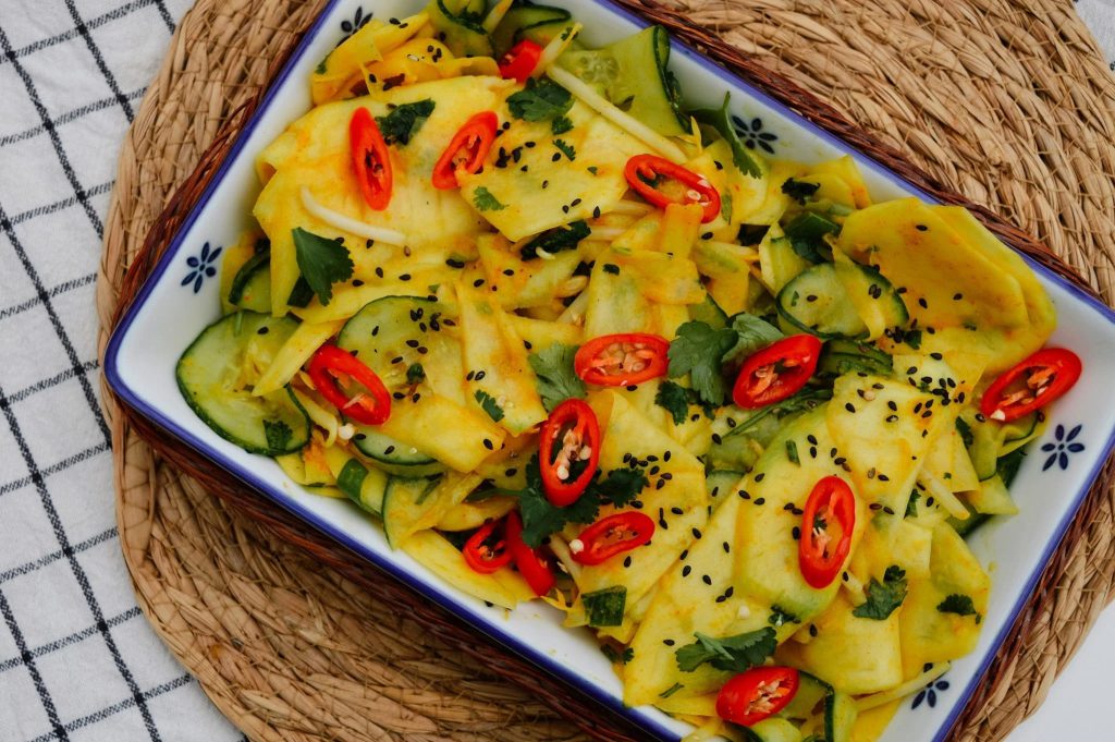 Goldfish curried mango and cucumber salad