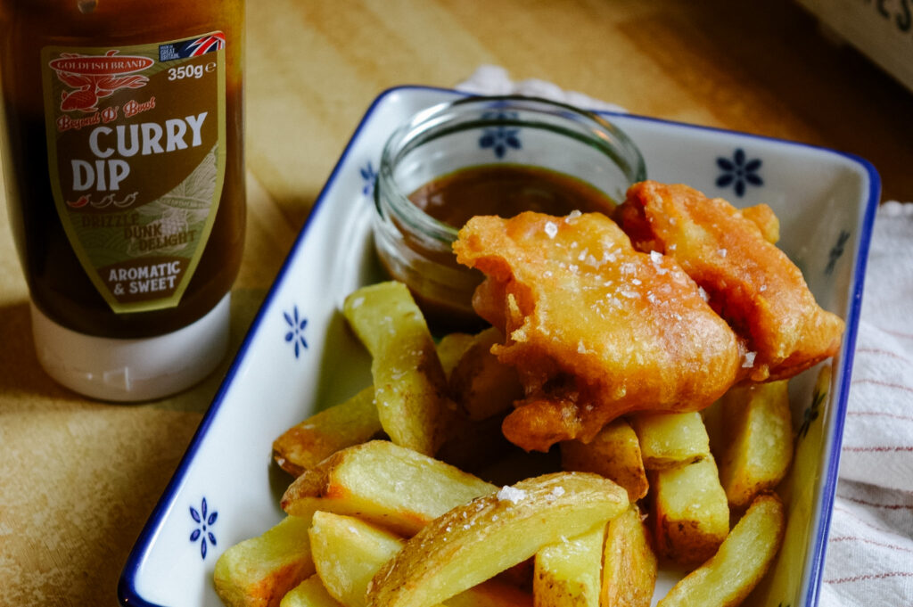 Served Fish & Chips, with Goldfish Brand Curry Dip